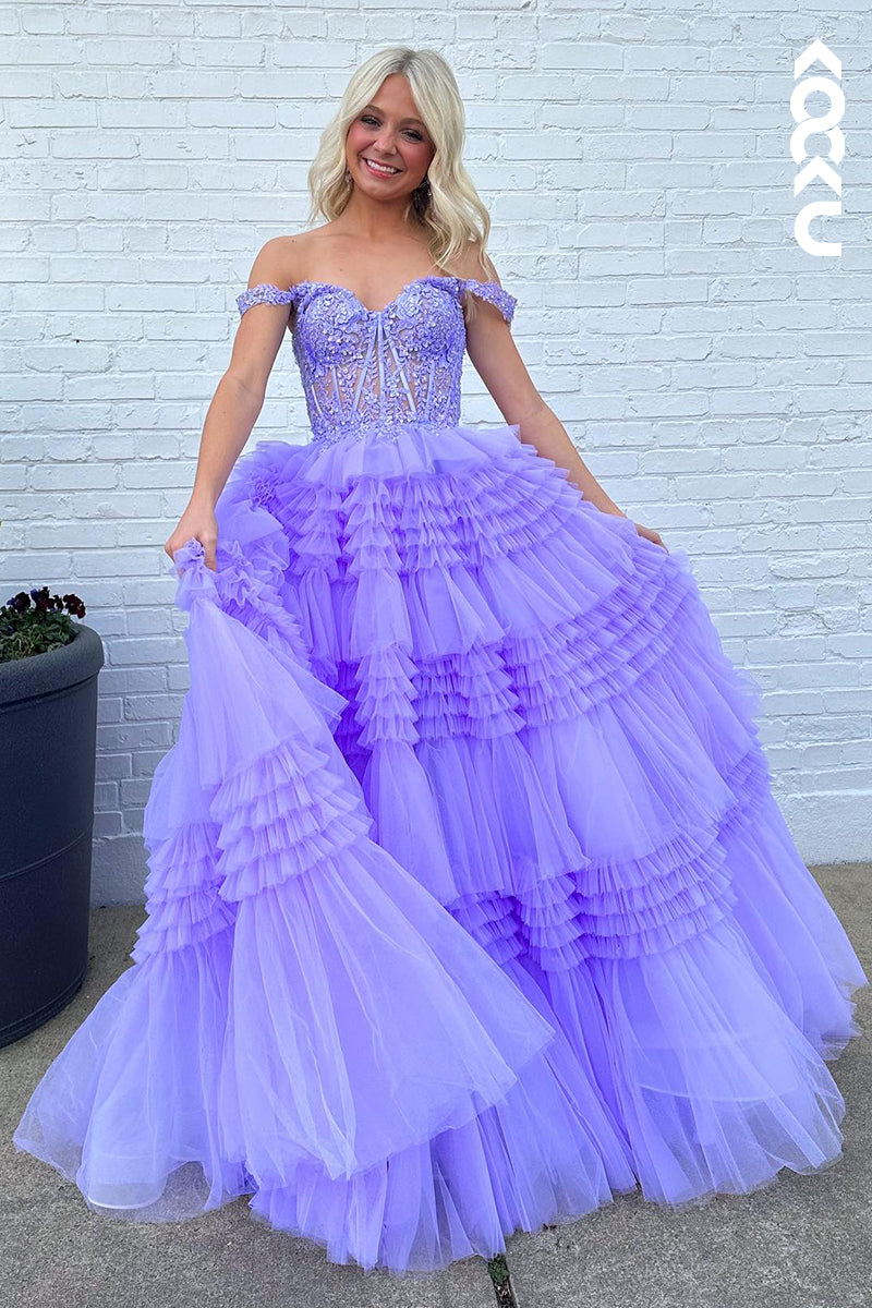 L2939 - Elegant & Luxurious Cap Sleeves Off-Shoulder A-Line Applique Party Prom Dress