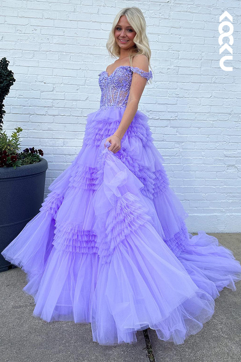 L2939 - Elegant & Luxurious Cap Sleeves Off-Shoulder A-Line Applique Party Prom Dress