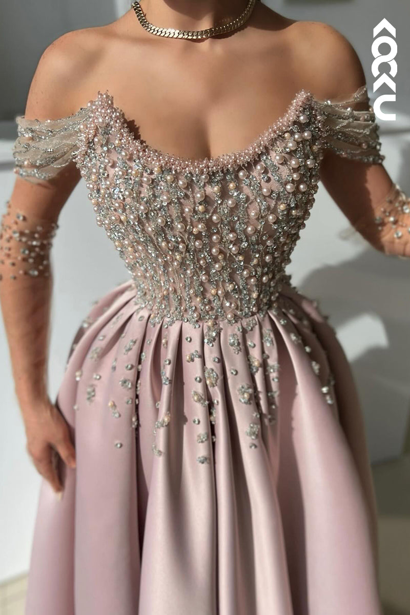 L2696 - Glamorous & Dramatic Off-Shoulder Cap Sleeves A-line Side Slit Beaded Prom Dress