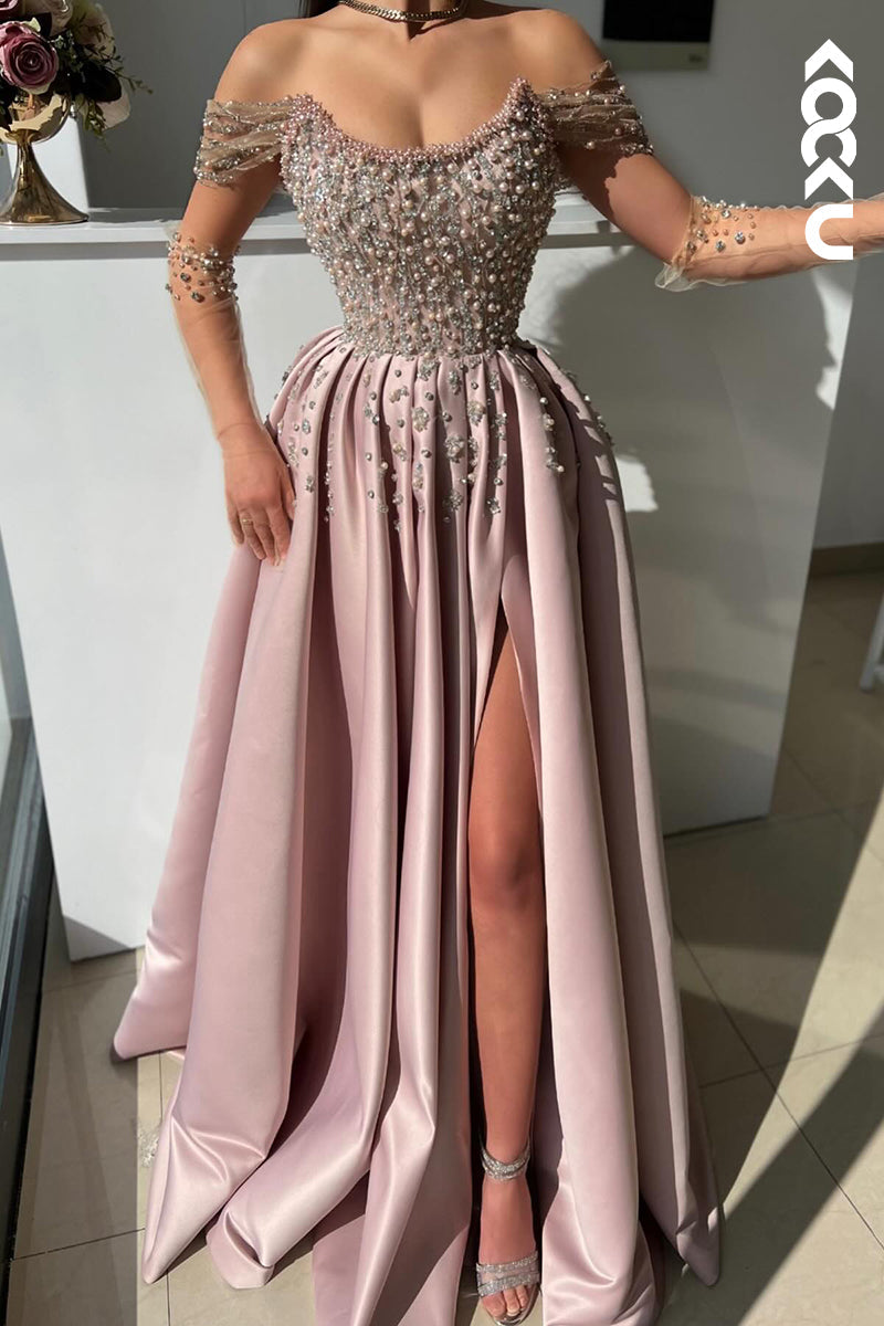 L2696 - Glamorous & Dramatic Off-Shoulder Cap Sleeves A-line Side Slit Beaded Prom Dress