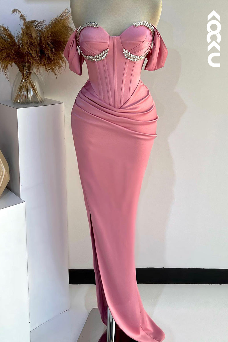 L2704 - Gorgeous & Charming Cap Sleeves Off-Shoulder Ruched Sheath Prom Dress With Rhinestones