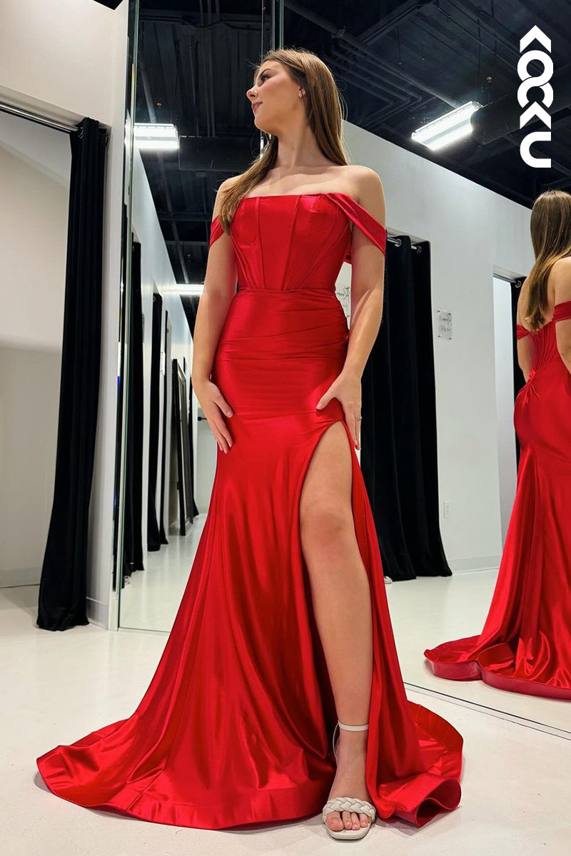 L2672 - Chic & Modern Off-Shoulder Cap Slleves Mermaid Satin Evening Party Prom Dress