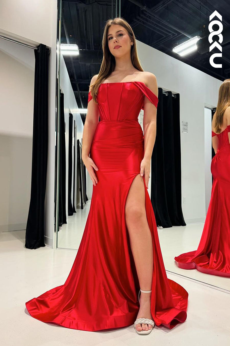 L2672 - Chic & Modern Off-Shoulder Cap Slleves Mermaid Satin Evening Party Prom Dress