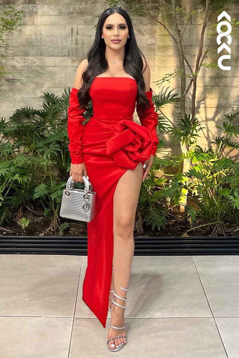 L2931 - Classic & Timeless Off-Shoulder Long Sleeves Side Slit Sheath Party Prom Dress