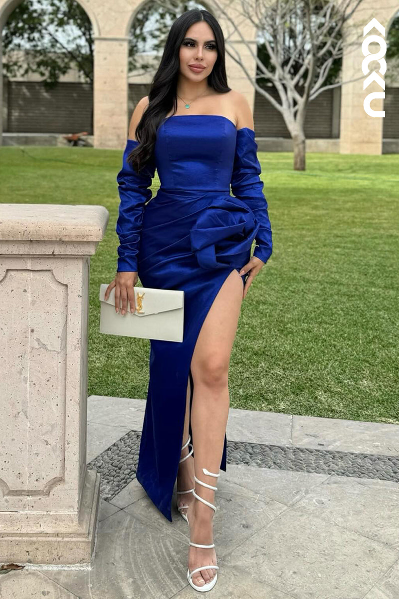 L2931 - Classic & Timeless Off-Shoulder Long Sleeves Side Slit Sheath Party Prom Dress