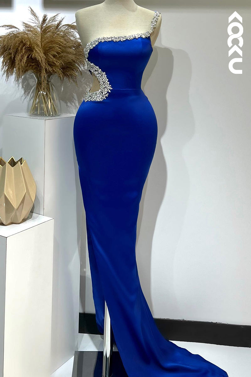 L2703 - Couture & Ornate One Shoulder Sleeveless Sheath Side Slit Prom Dress With Rhinestones