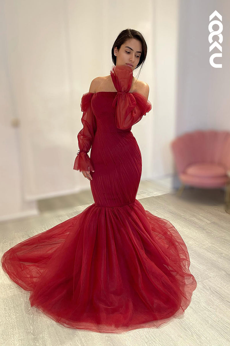 L2988 - Trumpet/Mermaid Chic & Modern Off-Shoulder Long Sleeves Lace up Party Prom Dress