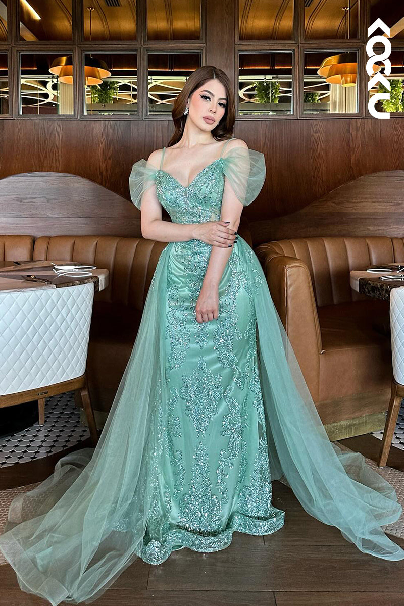 L3005 - Couture & Ornate Straps V-Neck Sheath Allover Appilque Evening Party Prom Dress