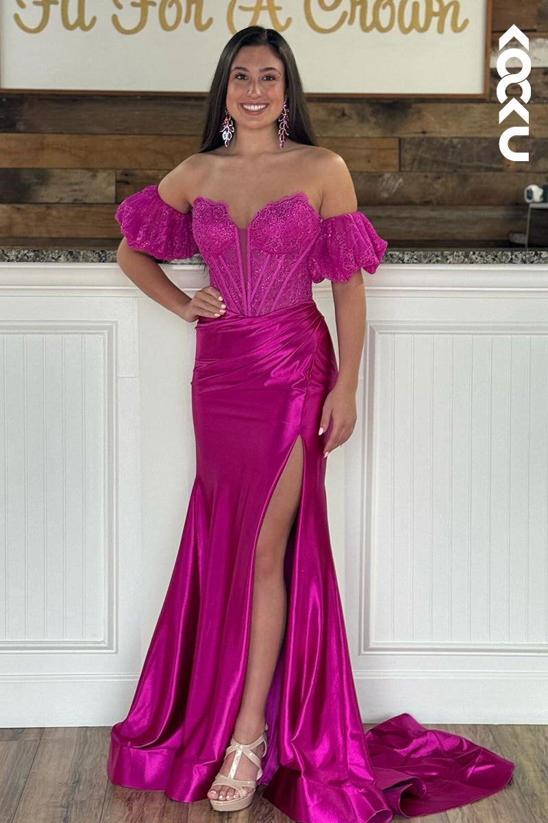 L2751 - Trumpet/Mermaid Off-Shoulder Cap Sleeveles Side Slit Satin Formal Prom Dress
