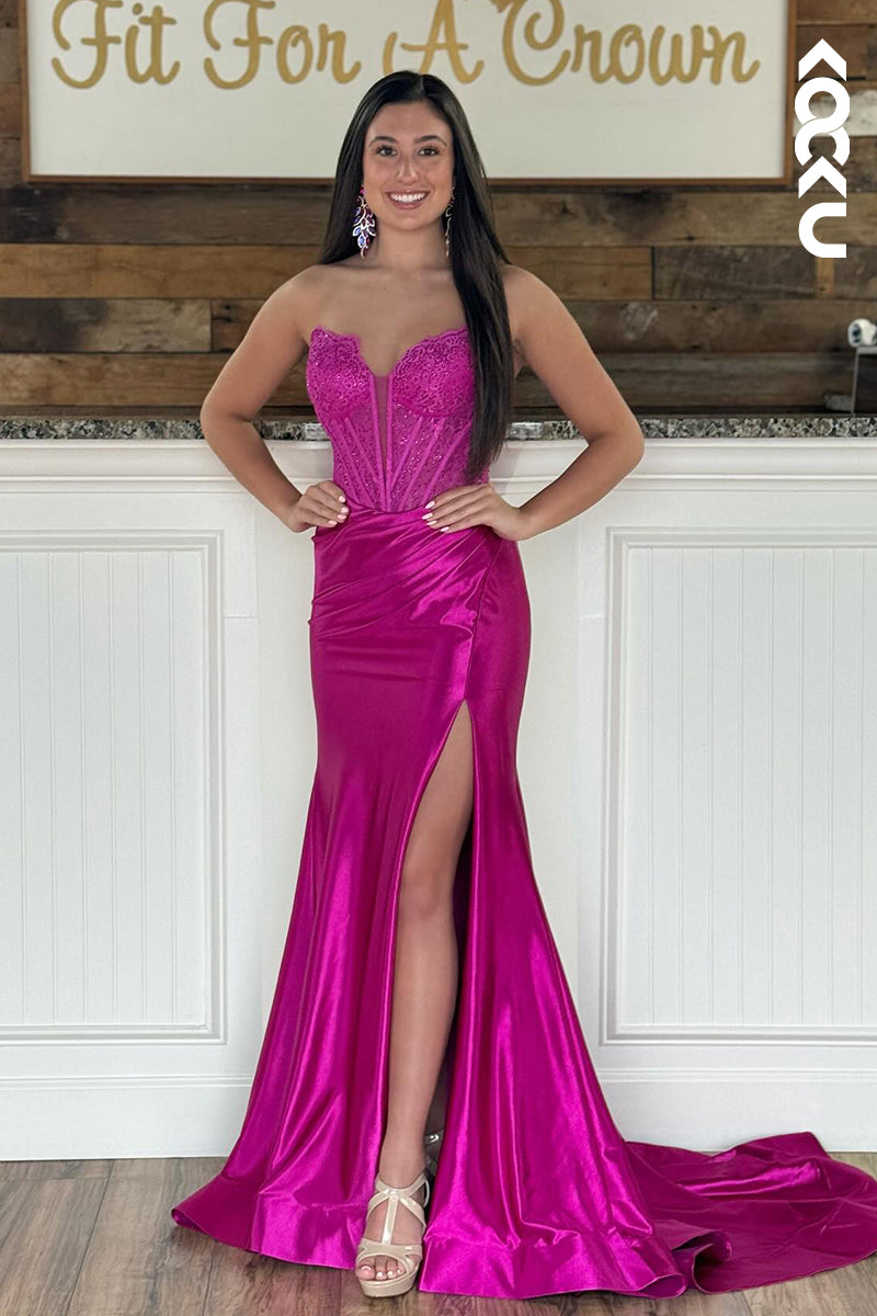 L2751 - Trumpet/Mermaid Off-Shoulder Cap Sleeveles Side Slit Satin Formal Prom Dress