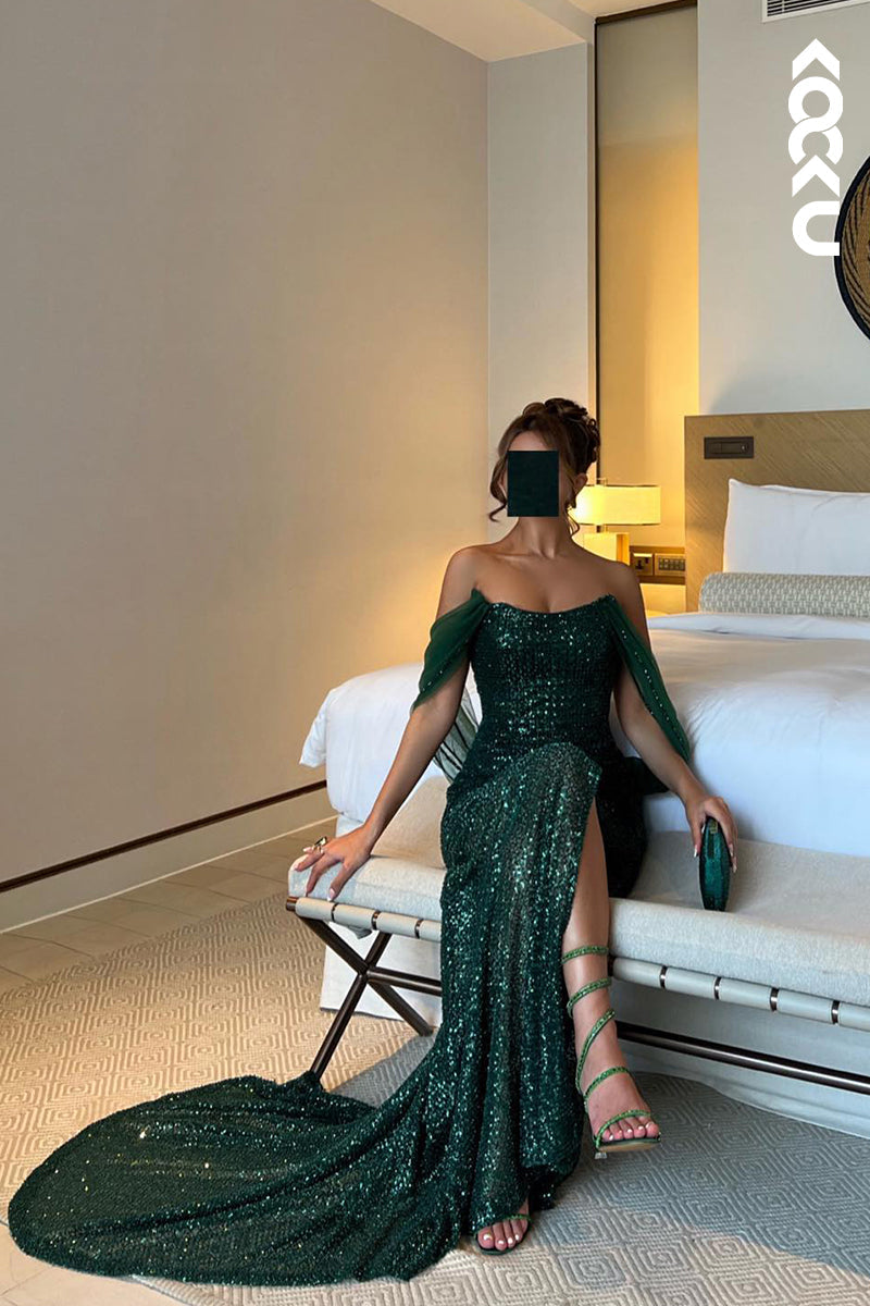 L2681 - Trumpet/Mermaid Off-Shoulder Side Slit Sleeveless Slit Sequins Evening Prom Dress