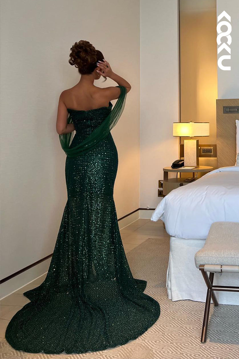 L2681 - Trumpet/Mermaid Off-Shoulder Side Slit Sleeveless Slit Sequins Evening Prom Dress