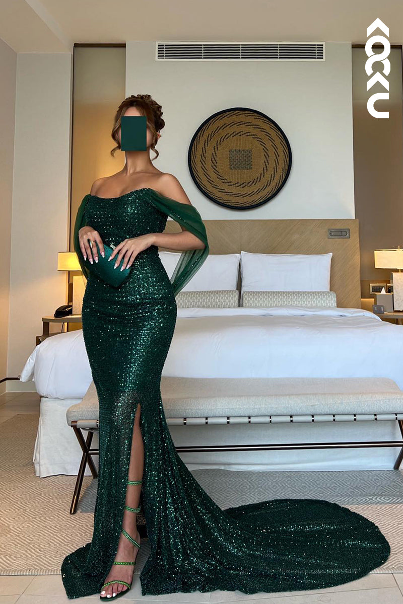 L2681 - Trumpet/Mermaid Off-Shoulder Side Slit Sleeveless Slit Sequins Evening Prom Dress