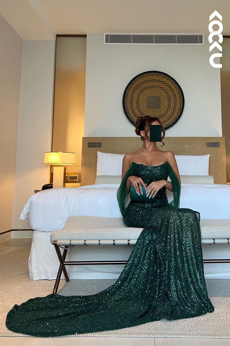 L2681 - Trumpet/Mermaid Off-Shoulder Side Slit Sleeveless Slit Sequins Evening Prom Dress