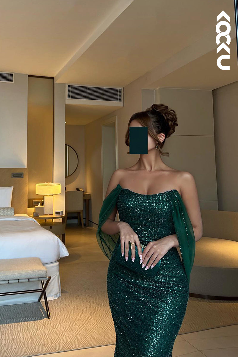 L2681 - Trumpet/Mermaid Off-Shoulder Side Slit Sleeveless Slit Sequins Evening Prom Dress