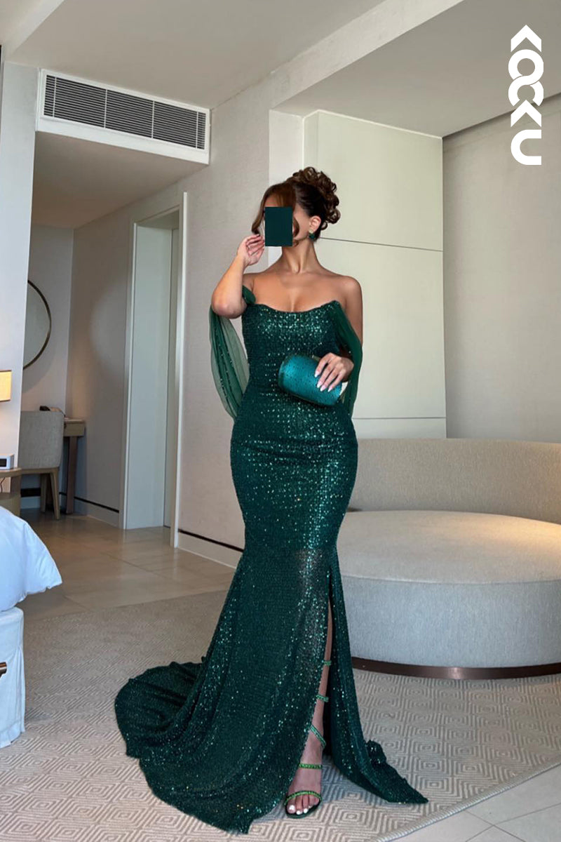 L2681 - Trumpet/Mermaid Off-Shoulder Side Slit Sleeveless Slit Sequins Evening Prom Dress