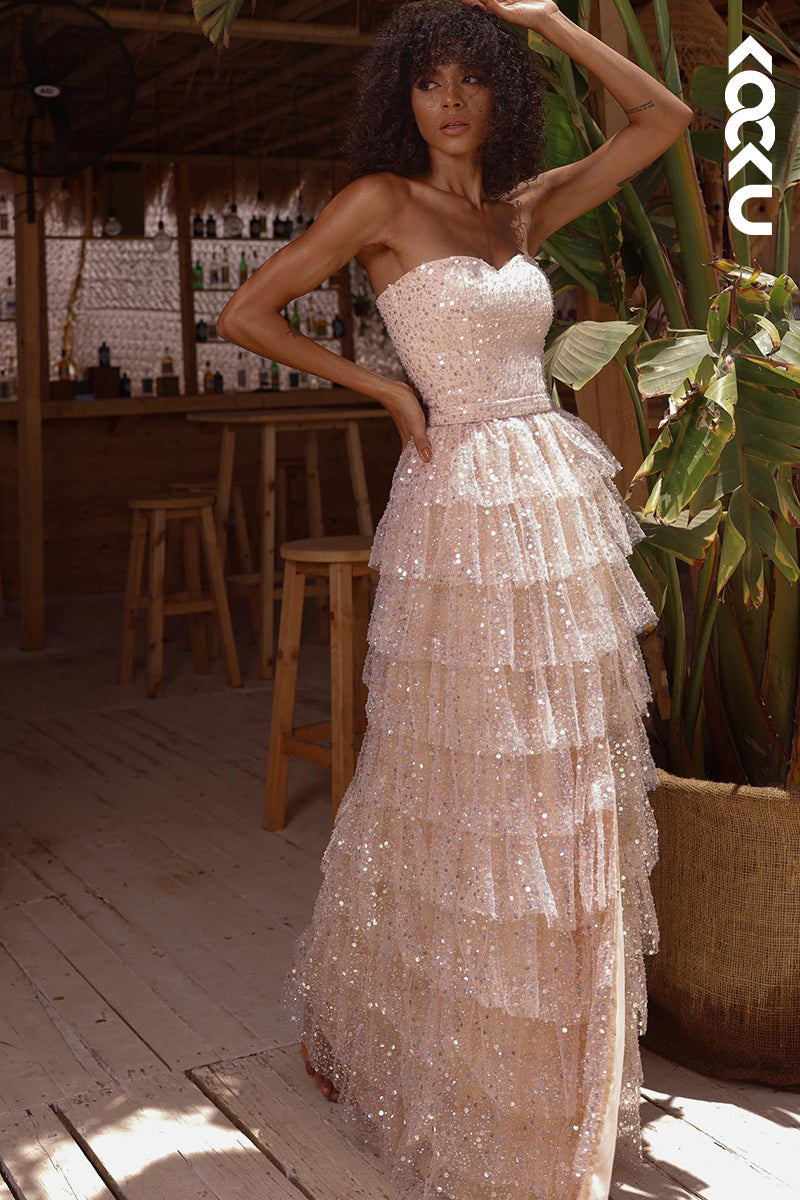 L2403 - Sparkly Off-Shoulder Sleeveless Side Slit Party Prom Dress