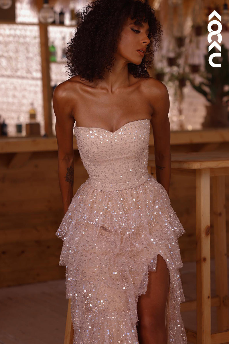 L2403 - Sparkly Off-Shoulder Sleeveless Side Slit Party Prom Dress