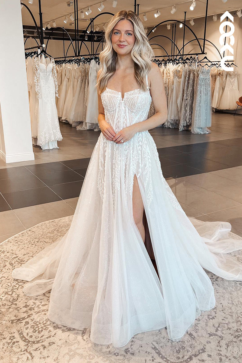K1877 - Elegant Spaghetti Straps Square A-Line Side Slit Wedding Dress With Applique