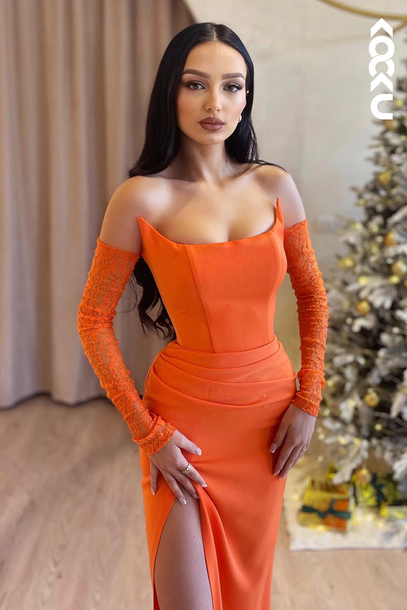 L2635 - Couture & Simple Scoop Strapless Side Slit Sheath Long Sleeves Party Prom Dress