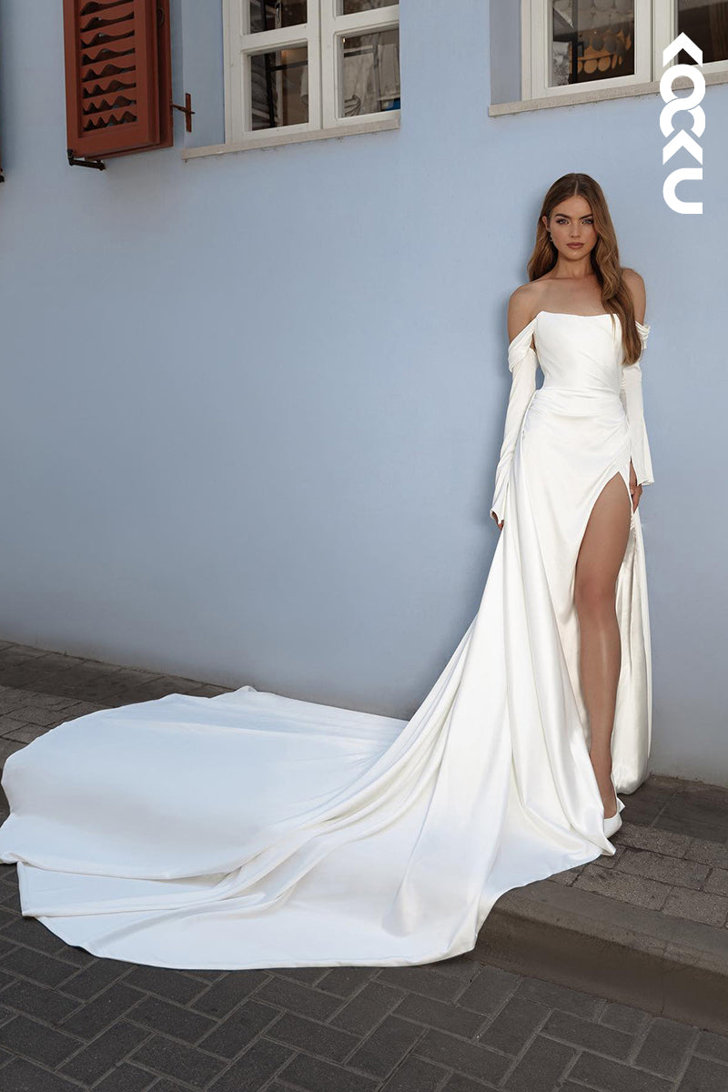 K2014 - Couture & Classic Off-Shoulder Long Sleeves Mermaid Side Slit Wedding Dress
