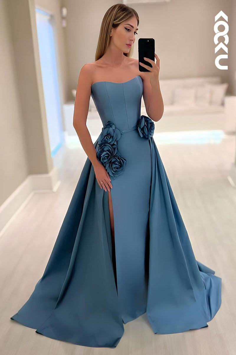 L2775 - Gorgeous & Charming A-line Off-Shoulder Strapless Slit Prom Dress With Flower