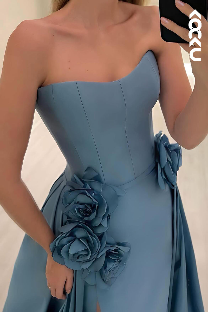 L2775 - Gorgeous & Charming A-line Off-Shoulder Strapless Slit Prom Dress With Flower