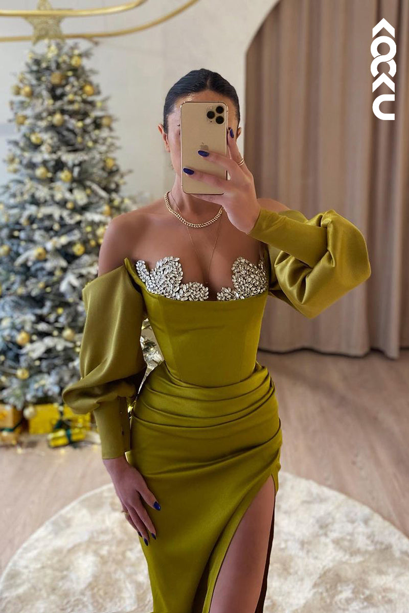 L2407 - Classic & Timeless Off-Shoulder Long Sleeves Sheath Ruched Prom Dress With Rhinestones