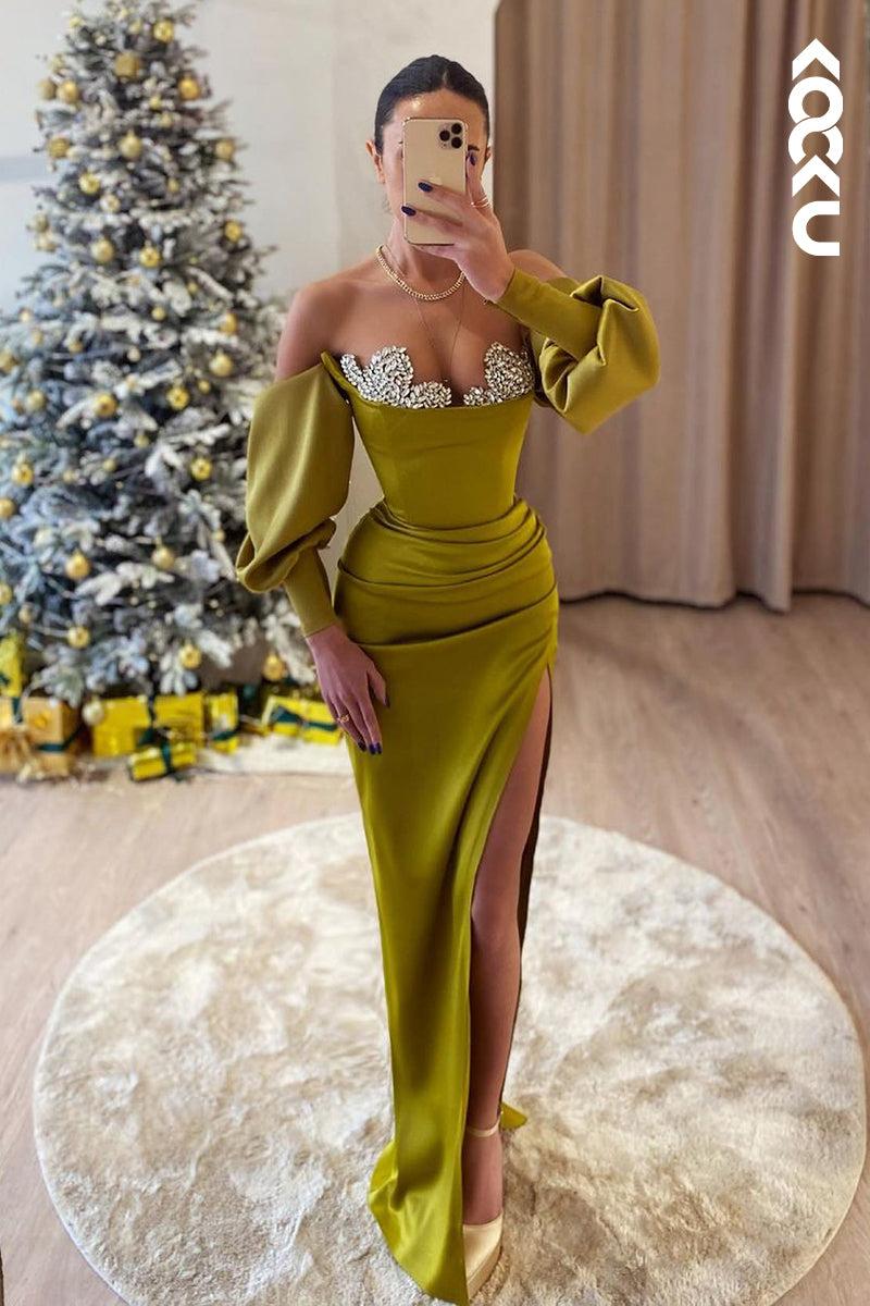 L2407 - Classic & Timeless Off-Shoulder Long Sleeves Sheath Ruched Prom Dress With Rhinestones
