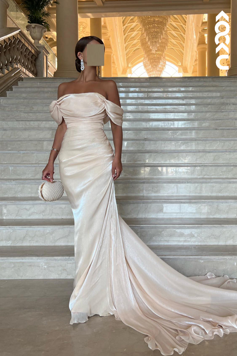 L2682 - Sheath/Column Off-Shoulder Cap Sleeves Ruched Charming Evening Party Prom Dress