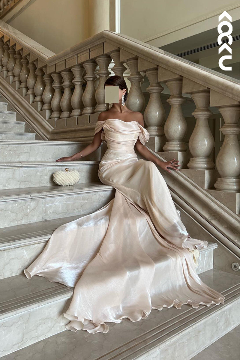 L2682 - Sheath/Column Off-Shoulder Cap Sleeves Ruched Charming Evening Party Prom Dress