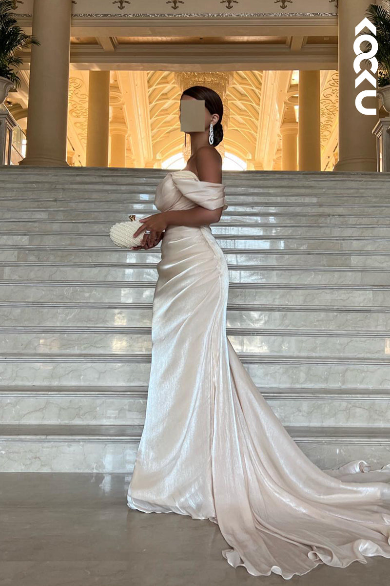 L2682 - Sheath/Column Off-Shoulder Cap Sleeves Ruched Charming Evening Party Prom Dress