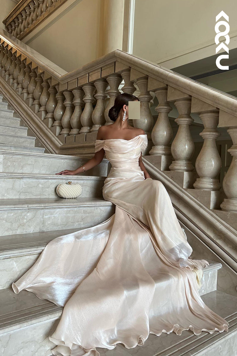 L2682 - Sheath/Column Off-Shoulder Cap Sleeves Ruched Charming Evening Party Prom Dress