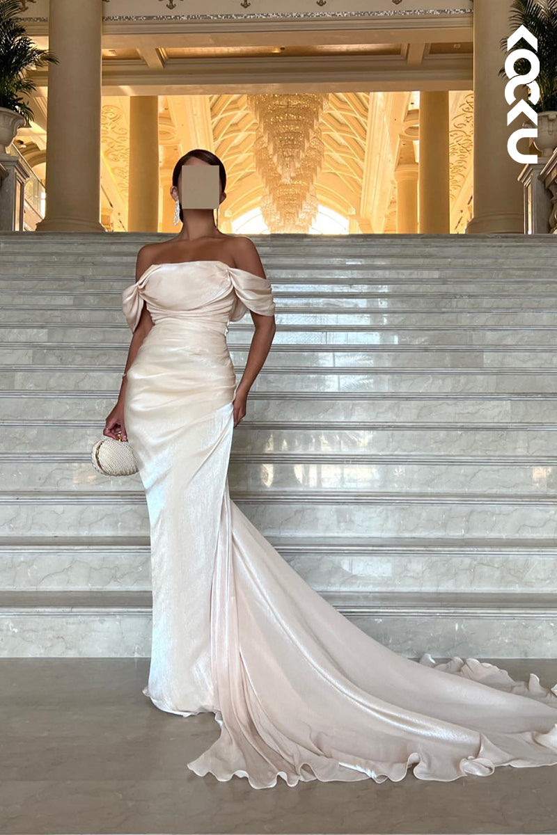 L2682 - Sheath/Column Off-Shoulder Cap Sleeves Ruched Charming Evening Party Prom Dress