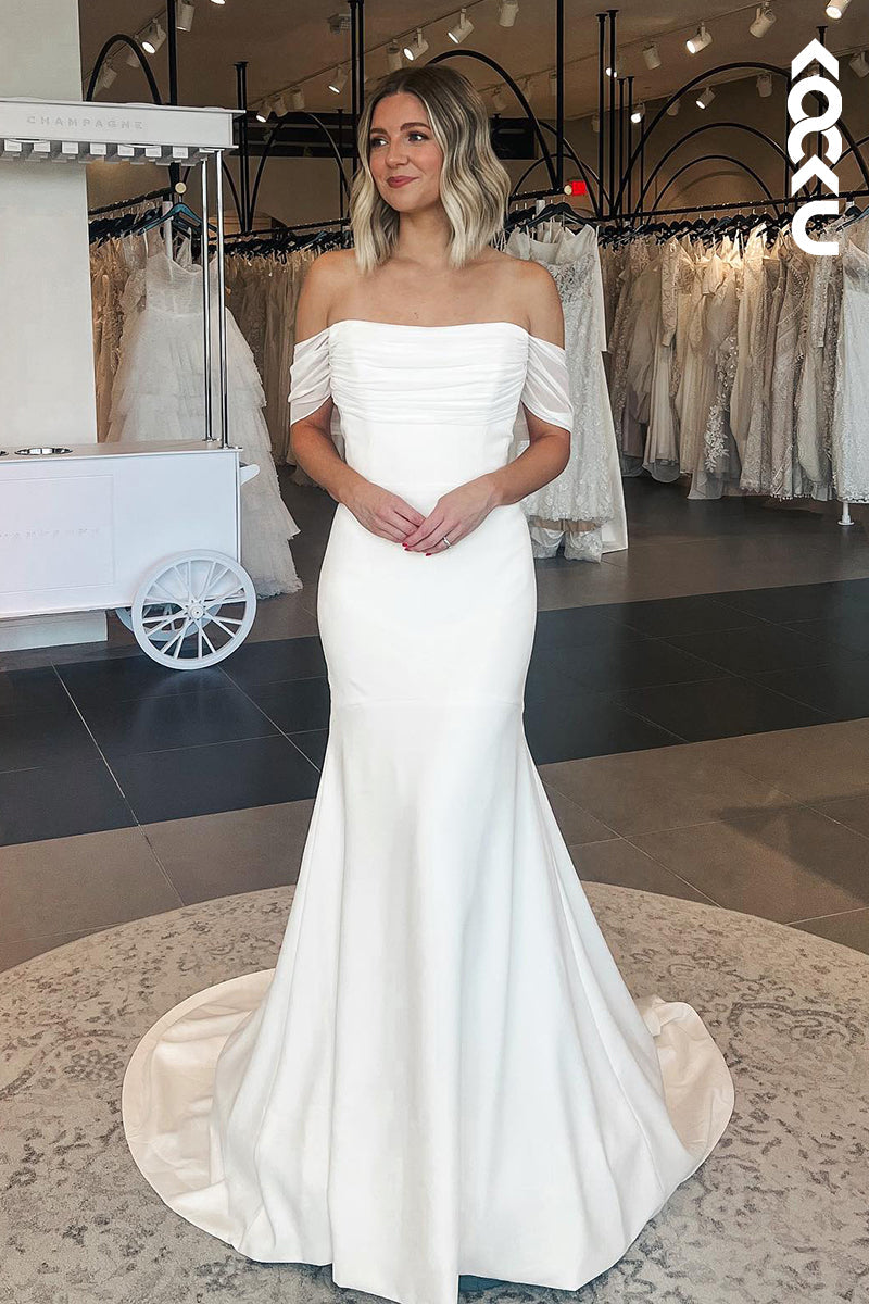 K1876 - Simple & Casual Off-Shoulder Cap Sleeves Mermaid Satin Wedding Dress