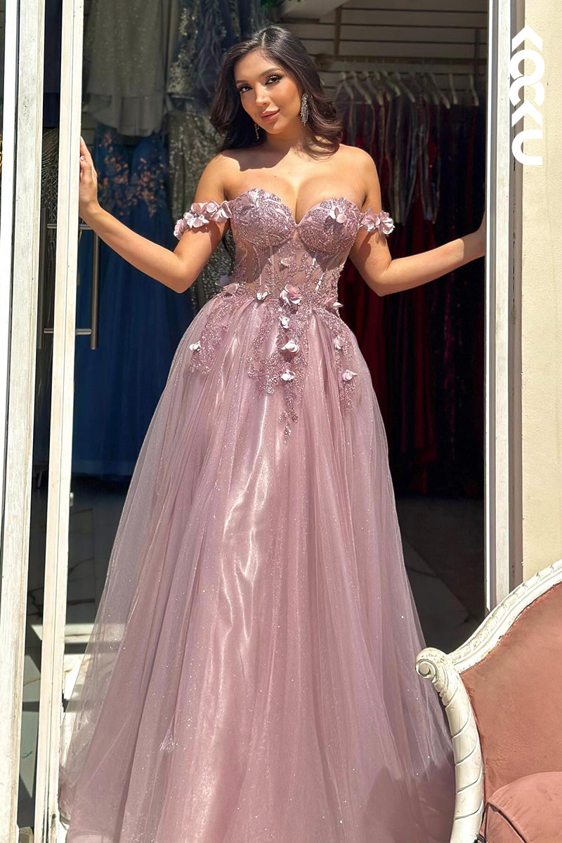 L2944 - Elegant & Luxurious Appliques A-Line Off-Shoulder Cap Sleeves Tulle Party Prom Dress
