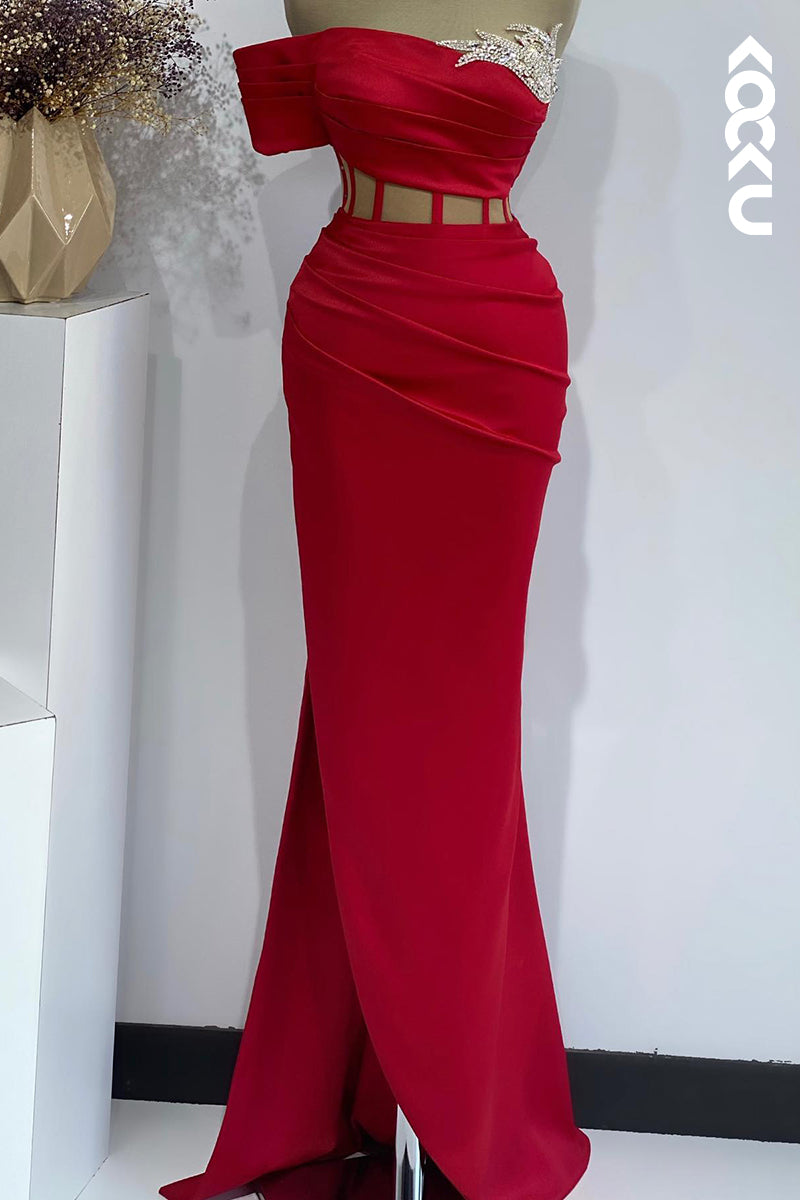 L2698 - Gorgeous & Charming Off-Shoulder Cap Sleeves Ruched Side Slit Party Prom Dress