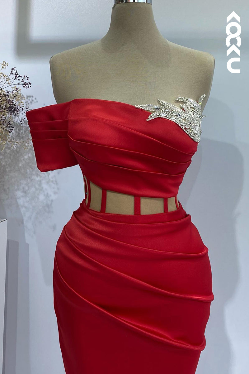 L2698 - Gorgeous & Charming Off-Shoulder Cap Sleeves Ruched Side Slit Party Prom Dress