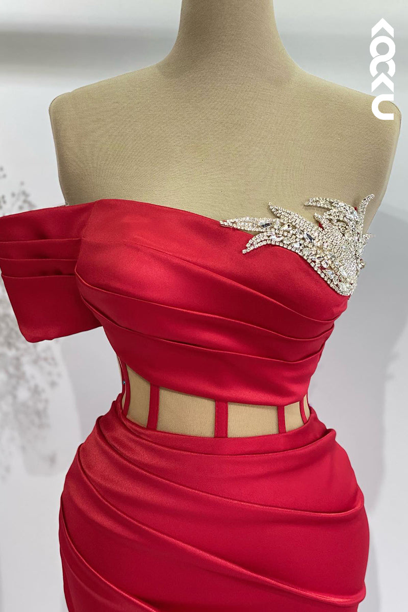 L2698 - Gorgeous & Charming Off-Shoulder Cap Sleeves Ruched Side Slit Party Prom Dress
