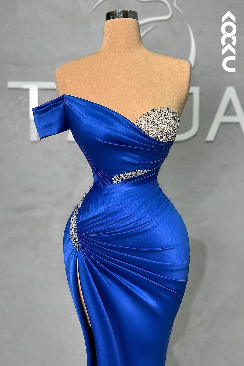 L2716 - Classic & Timeless Off-Shoulder Cap Sleeves Sheath Side Slit Formal Prom Dress With Rhinestones