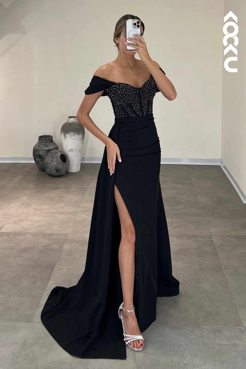 L2394 - Simple Off-Shoulder Cap sleeves Slit Rhinestone Beaded Formal Prom Dress