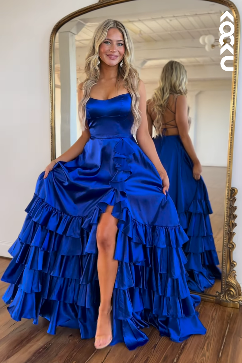 L2735 - Classic & Timeless Off-Shoulder A-line Side Slit Sleeveless Formal Party Prom Dress
