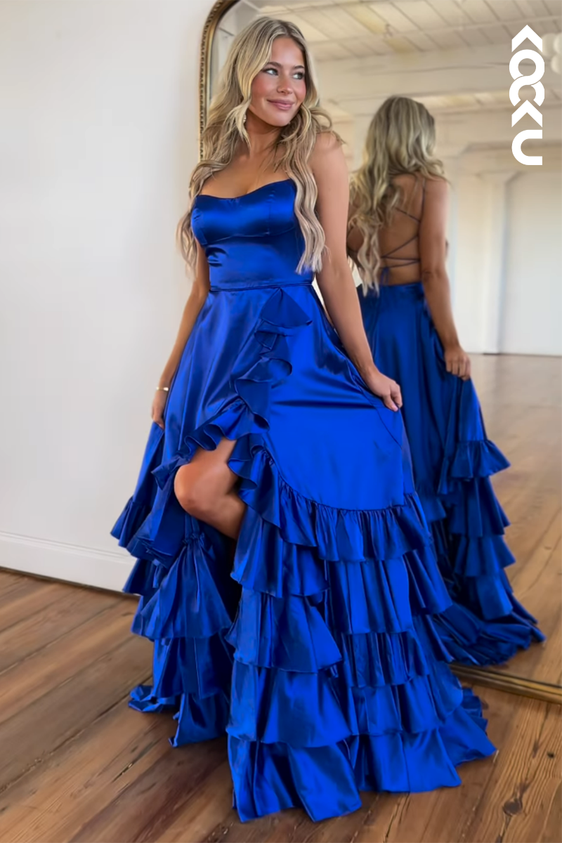 L2735 - Classic & Timeless Off-Shoulder A-line Side Slit Sleeveless Formal Party Prom Dress