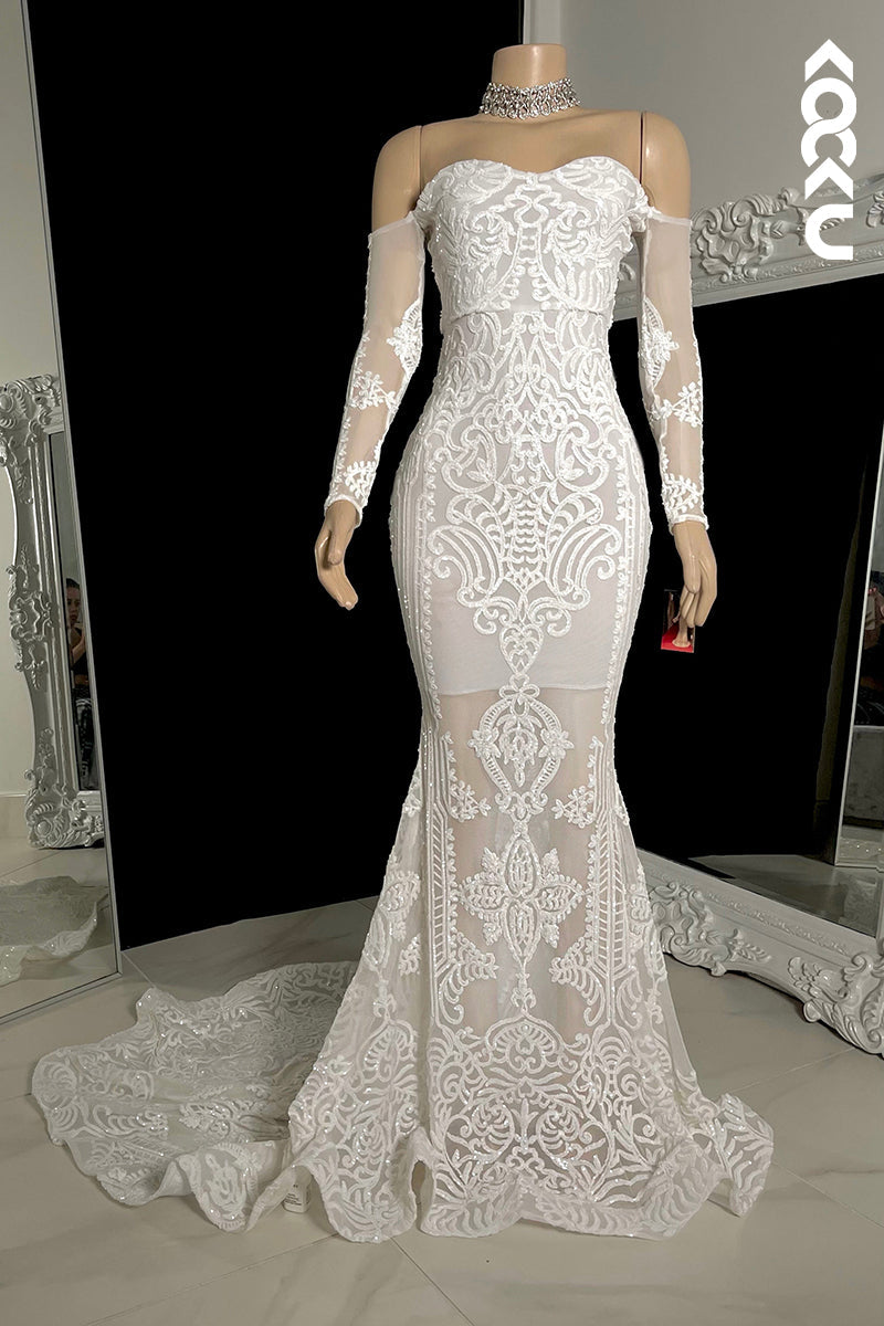 L2792 - Trumpet/Mermaid Off-Shoulder Long Sleeves Lace Applique Formal Prom Dress