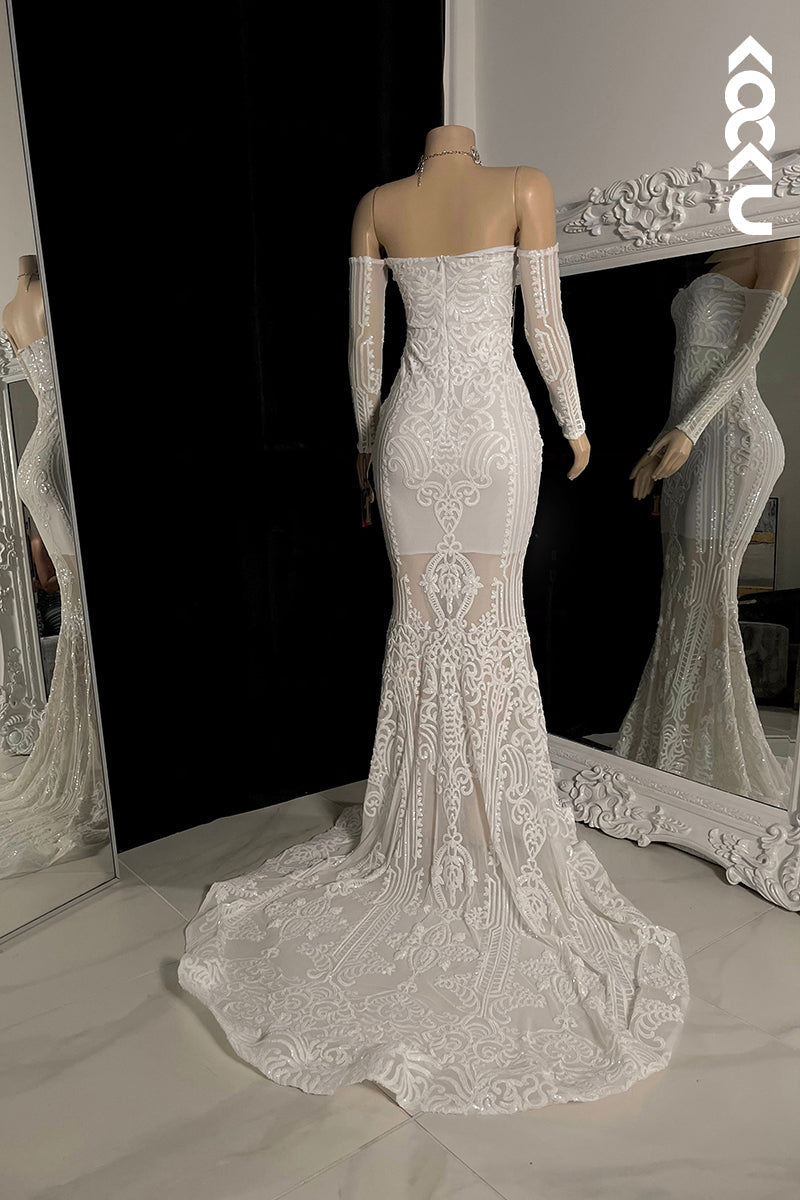 L2792 - Trumpet/Mermaid Off-Shoulder Long Sleeves Lace Applique Formal Prom Dress