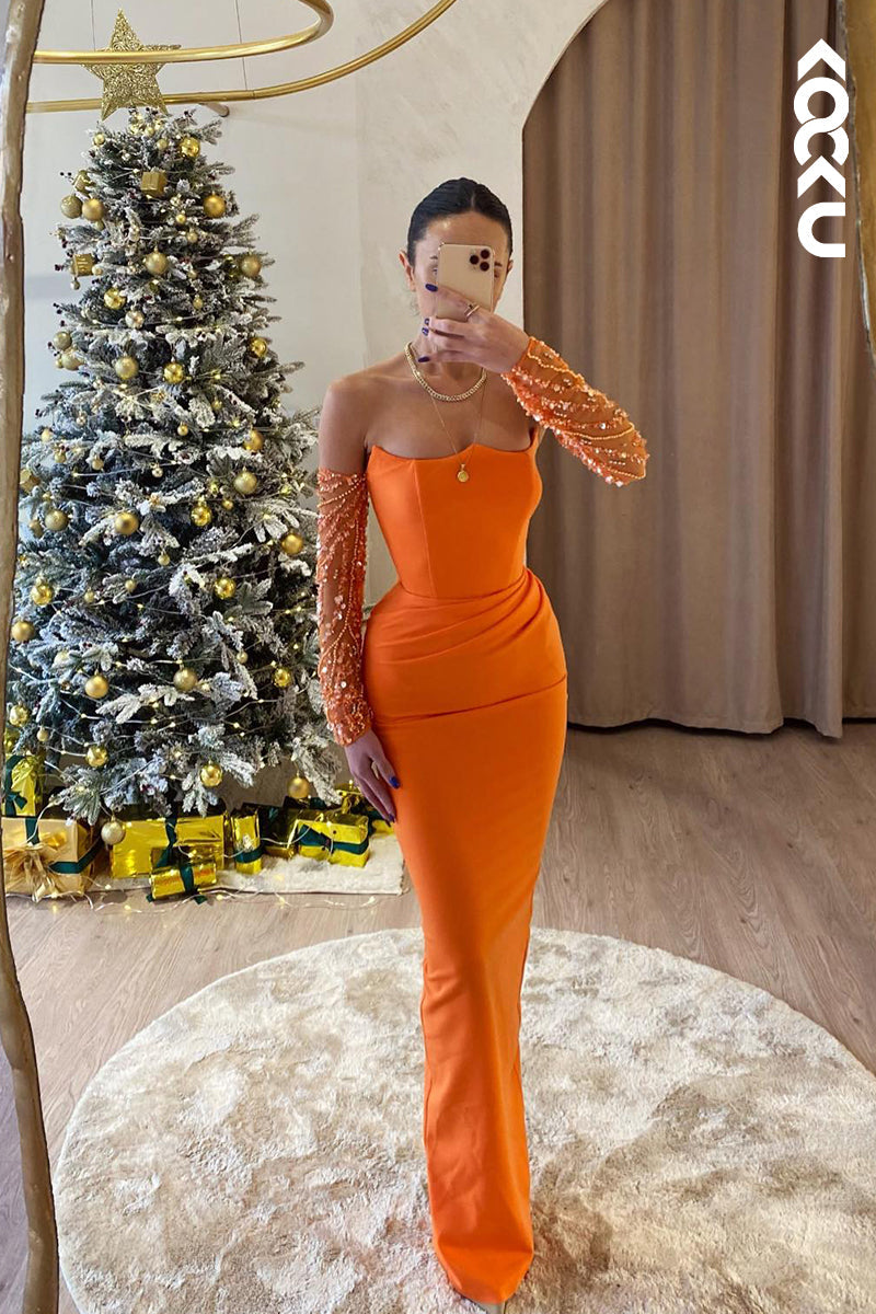 L2468 - Chic Long Sleeves Off-Shoulder Sheath Ruched Formal Prom Dress