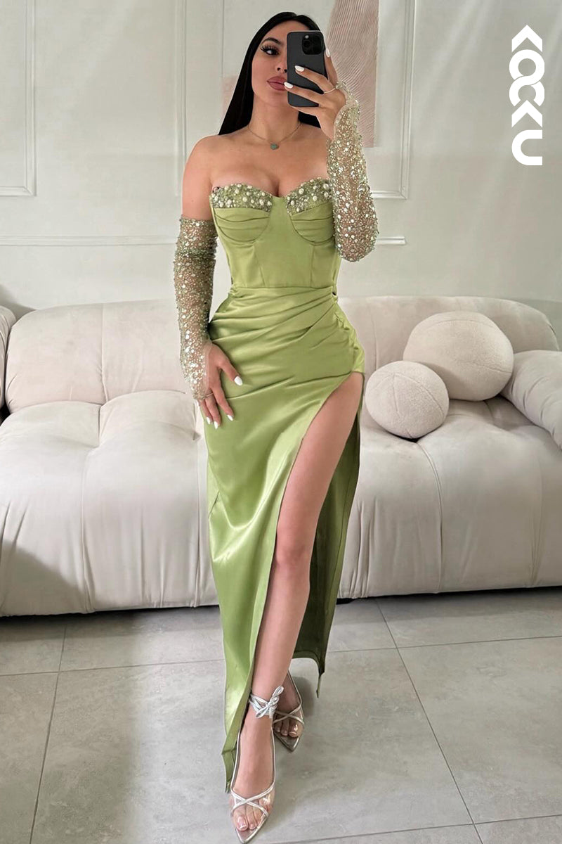 L2933 - Chic & Modern Off-Shoudler Long Sleeves Side Slit Ruched Rhinestones Prom Dress
