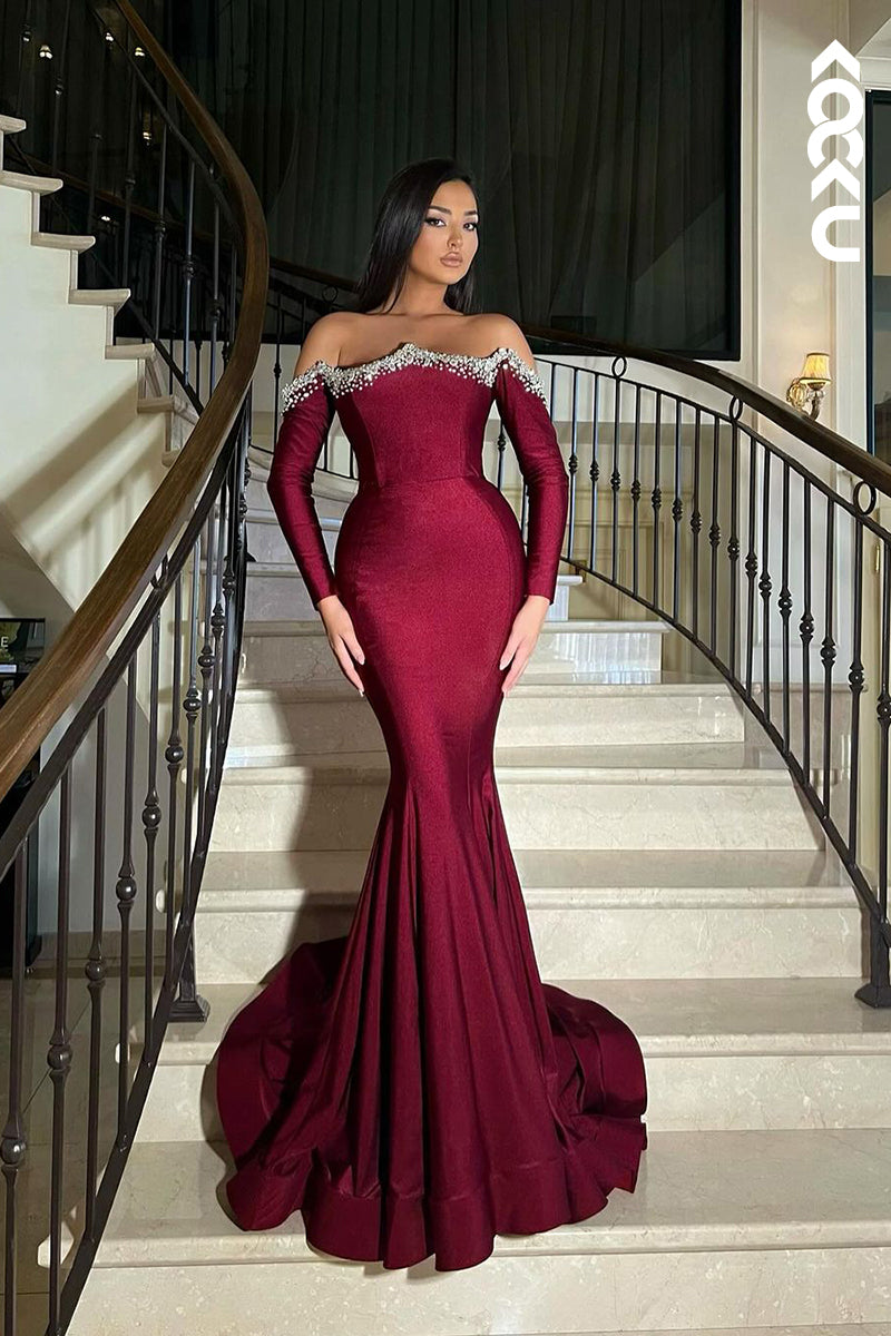 L2643 - Elegant & Luxurious Off-Shoulder Long Sleeves Mermaid Evening Party Prom Dress With Rhinestones