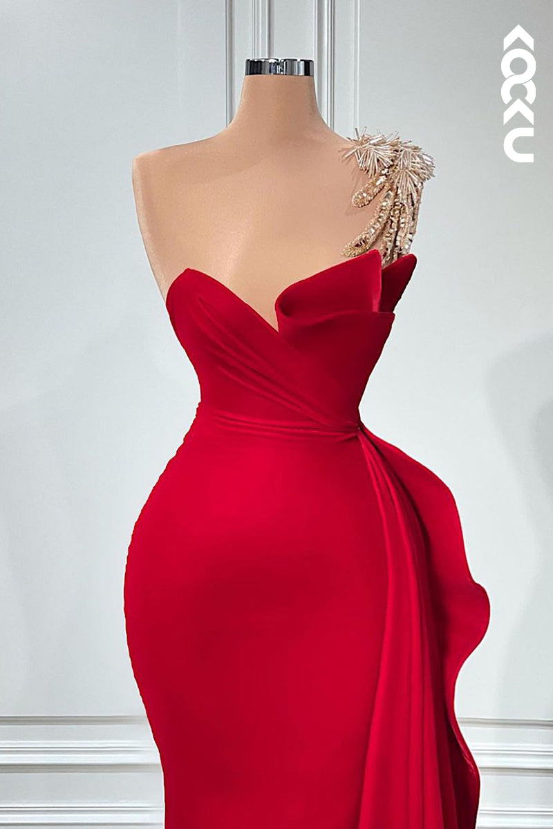 L2424 - Elegant & Luxurious Red Rhinestones Sleeveless Ruched Formal Party Prom Dress