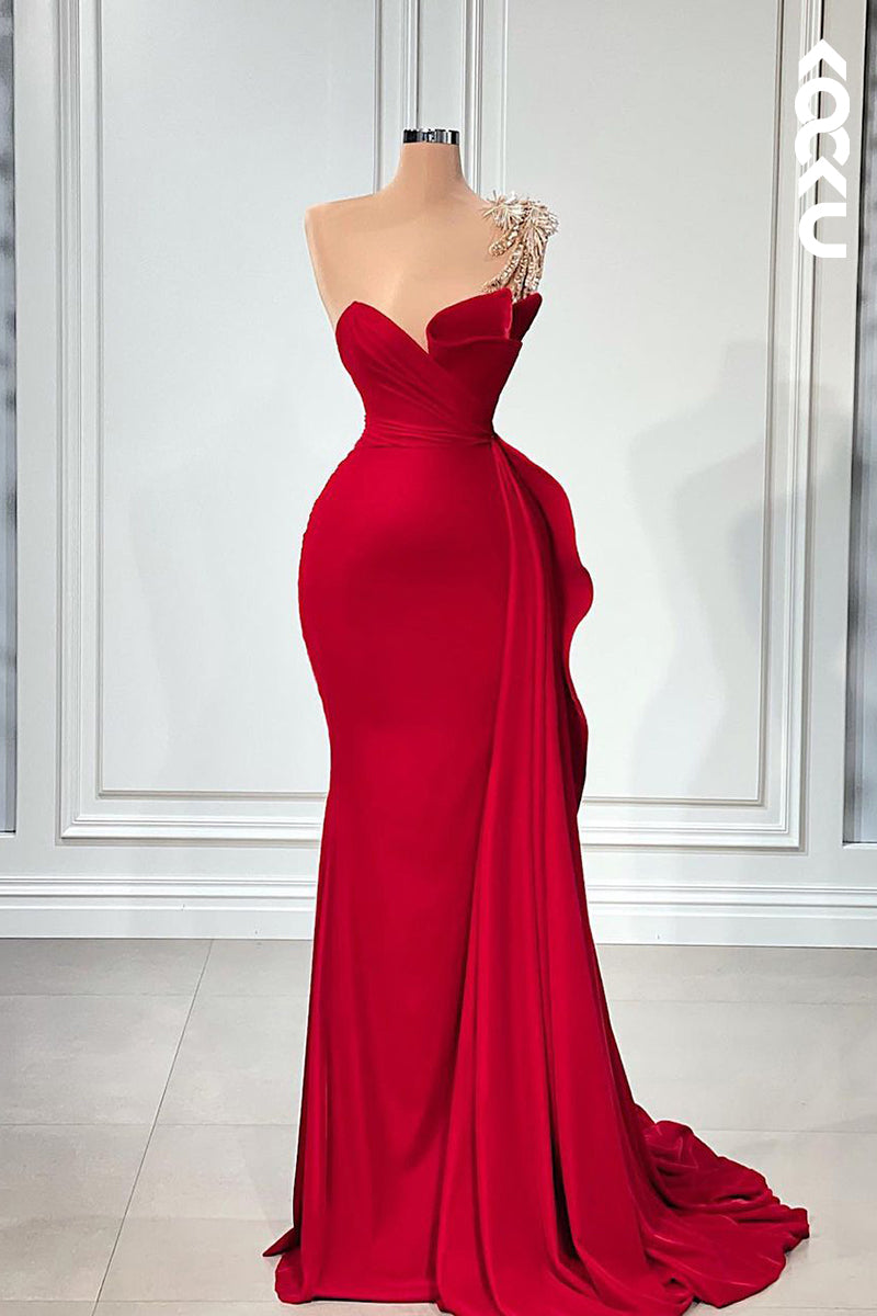L2424 - Elegant & Luxurious Red Rhinestones Sleeveless Ruched Formal Party Prom Dress